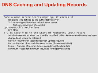 DNS Caching and Updating Records
Once a name server learns mapping, it caches it
It’ll expire (TTL defined by the authorit...