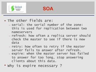 SOA


The other fields are:
 serial: the serial number of the zone:
this is used for replication between two
nameserver...