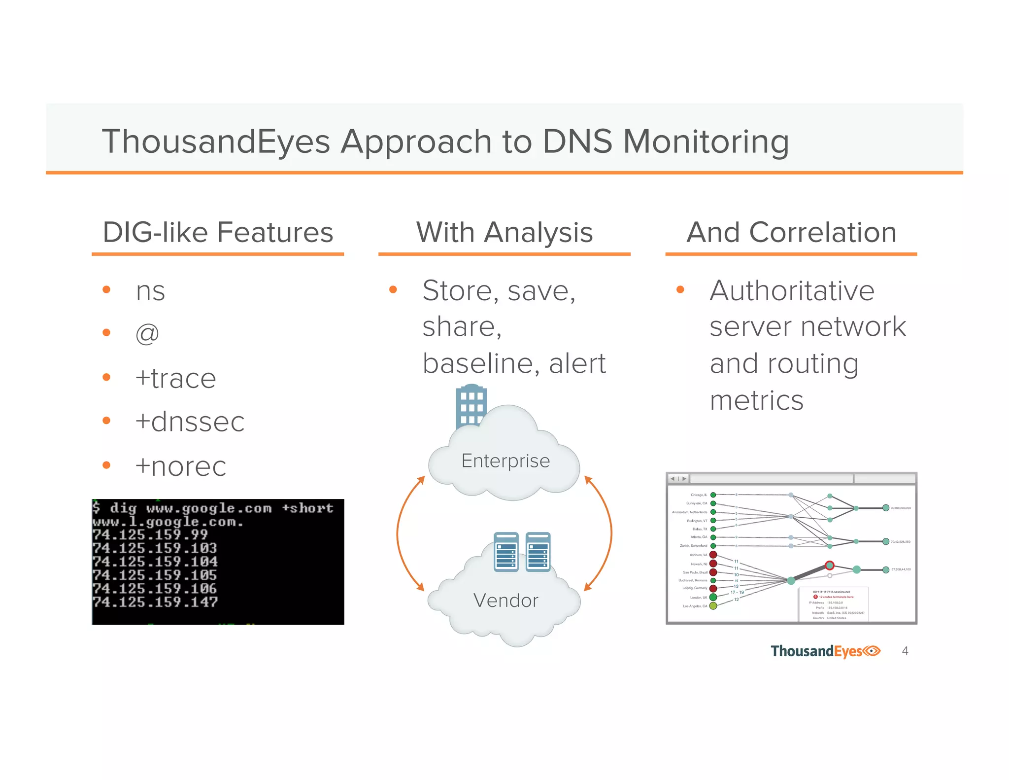 4
ThousandEyes Approach to DNS Monitoring
•  ns
•  @
•  +trace 
•  +dnssec
•  +norec
•  Authoritative
and caching
server network
•  Routing metrics
DIG-like Features And Correlation
•  Store, save,
share,
baseline, alert
With Analysis
Enterprise
Vendor
 