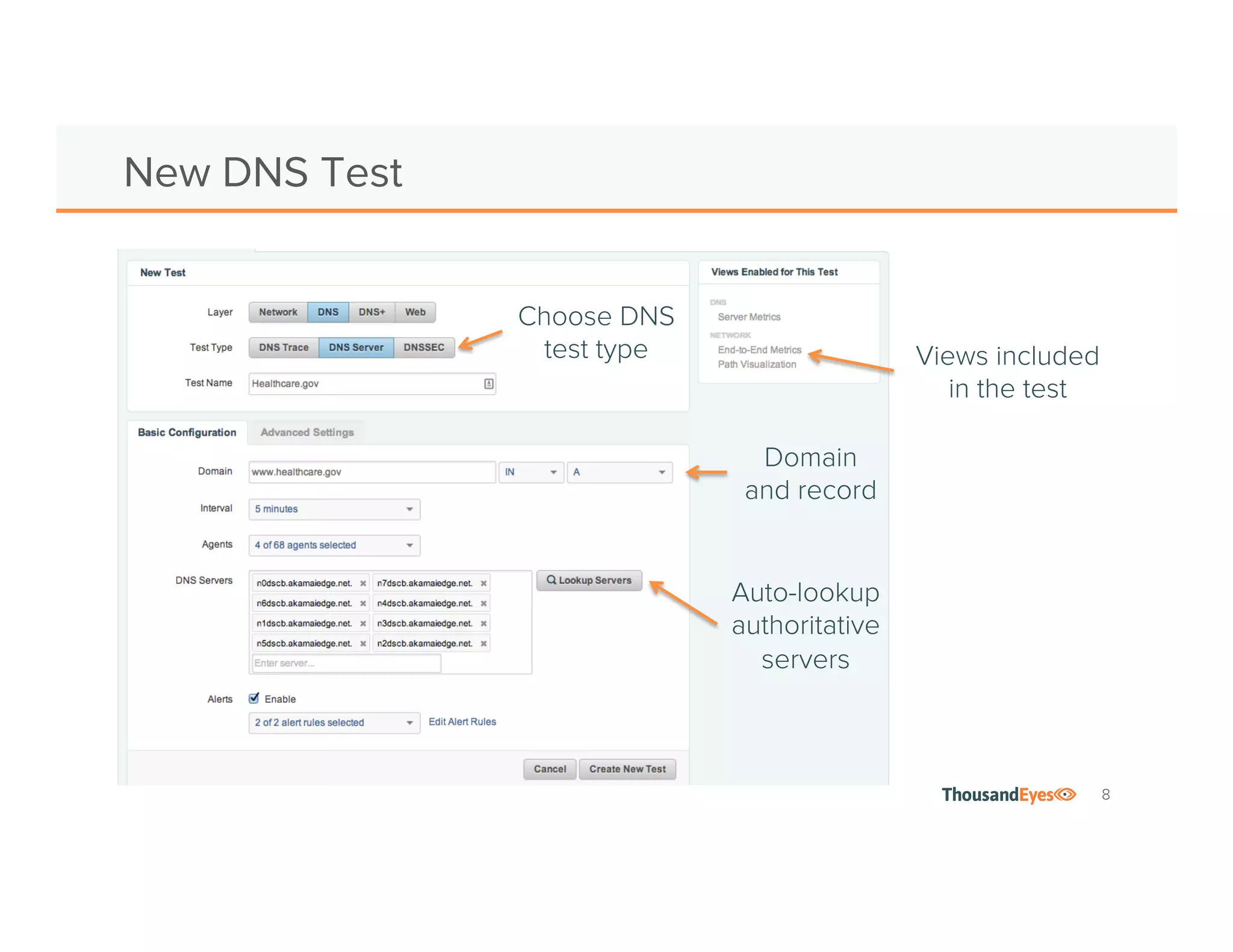 8
Choose DNS
test type
Domain
and record
Views included
in the test
Auto-lookup
authoritative
servers
Add a New DNS Test
 