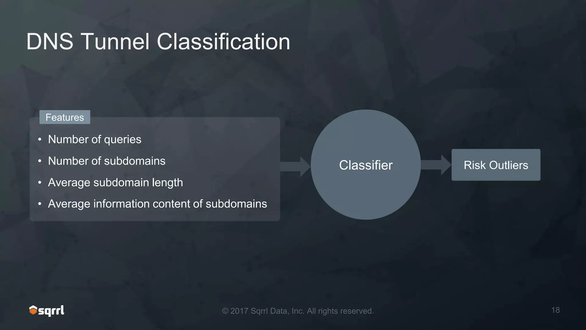 • Number of queries
• Number of subdomains
• Average subdomain length
• Average information content of subdomains
Classifier Risk Outliers
Features
DNS Tunnel Classification
 