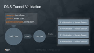 DNS Data Filter DNS Data
DNS Tunnel Validation
paeqcigq.tunnel.com
pafich3i.tunnel.com
gxqwl0eaytioruga5.tunnel.com IP + Destination → Domain Session
IP + Destination → Domain Session
IP + Destination → Domain Session
IP + Destination → Domain Session
Collation
 