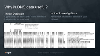 Why is DNS data useful?
Threat Detection
Opportunity for attacker to leave traceable
footprints in your network
Incident Investigations
Keep track of attacker access in your
network
 