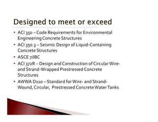            
   
           
 
 
             
       
         
          
•	 ACI 350 – Code Requirements for Environmental
EngineeringConcrete Structures
•	 ACI 350.3 – Seismic Design of Liquid‐Containing
Concrete Structures
•	 ASCE 7/IBC
•	 ACI 372R – Design and Construction of CircularWire‐
and Strand‐Wrapped Prestressed Concrete
Structures
•	 AWWA D110 – Standard forWire‐ and Strand‐
Wound, Circular, Prestressed ConcreteWaterTanks
 