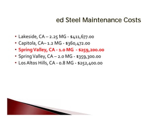      
   
        
       
       
Tracks Welded Steel Maintenance Costs
• Lakeside, CA – 2.25 MG ‐ $411,677.00
• Capitola, CA– 1.2 MG ‐ $360,472.00
• SpringValley, CA ‐ 1.0 MG ‐ $259,200.00

• SpringValley, CA – 2.0 MG ‐ $359,300.00

• Los Altos Hills, CA ‐ 0.8 MG ‐ $252,400.00

 
