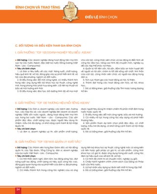 BÌNH CHỌN VÀ TRAO TẶNG
C. ÑOÁI TÖÔÏNG VAØ ÑIEÀU KIEÄN THAM GIA BÌNH CHOÏN
Ñoái töôïng: Caùc doanh nghieäp ñang hoaït ñoäng treân moïi lónh
vöïc taïi caùc nöôùc Asean, ñaëc bieät ba nöôùc Ñoâng Döông (Vieät
Nam - Laøo - Campuchia)
Tieâu chí bình choïn:
1. Laø Ñôn vò tieâu bieåu veà caùc maët: Naêng suaát, chaát löôïng,
hieäu quaû kinh teá, xaõ hoäi, ñoùng goùp vaøo söï phaùt trieån kinh teá, xaõ
hoäi cuûa ñòa phöông, ngaønh vaø ñaát nöôùc.
2. Ñi ñaàu trong vieäc ñoåi môùi coâng ngheä, coù nhieàu thaønh tích
trong vieäc öùng duïng tieán boä khoa hoïc kyõ thuaät, coâng ngheä
môùi, trong phong traøo phaùt huy saùng kieán, caûi tieán kyõ thuaät vaø
baûo veä moâi tröôøng sinh thaùi.
3. Ñi ñaàu trong vieäc ñaøo taïo, boài döôõng trình ñoä veà moïi maët
cho caùn boä, coâng nhaân vieân chöùc vaø lao ñoäng laø ñieån hình veà
coâng taùc ñaøo taïo, naâng cao trình ñoä chuyeân moân, nghieäp vuï
ñeå caùc taäp theå khaùc noi theo.
4. Quaûn lyù toát tieàn voán, taøi saûn, ñaûm baûo an toaøn tuyeät ñoái
veà ngöôøi vaø taøi saûn; chaêm lo toát ñôøi soáng vaät chaát, tinh thaàn
cuûa caùn boä, coâng nhaân vieân chöùc vaø ngöôøi lao ñoäng trong
ñôn vò.
5. Tích cöïc tham gia caùc hoaït ñoäng xaõ hoäi, töø thieän.
6. Thaønh ñaït trong caùc hoaït ñoäng vaên hoùa, xaõ hoäi, khoa
hoïc…
7. Ñaõ coù Baèng khen, giaûi thöôûng caáp Tænh hoaëc töông ñöông
trôû leân.
Ñoái töôïng: Caùc Ñôn vò, doanh nghieäp; caùc beänh vieän, tröôøng
hoïc, caùc Hôïp taùc xaõ, caùc doanh nghieäp lieân doanh vaø doanh
nghieäp 100% voán nöôùc ngoaøi… ñang hoaït ñoäng treân moïi lónh
vöïc trong ba nöôùc Vieät Nam - Laøo - Campuchia; Caùc saûn
phaåm ñoäc ñaùo, chaát löôïng cao, ñöôïc ngöôøi tieâu duøng tín
nhieäm, maãu maõ ña daïng, coù khaû naêng caïnh tranh & hoäi nhaäp
Quoác teá.
Tieâu chí bình choïn:
1. Laø ñôn vò, doanh nghieäp uy tín, saûn phaåm chaát löôïng,
ñöôïc ngöôøi tieâu duøng tín nhieäm chieám thò phaàn nhaát ñònh trong
nöôùc hoaëc quoác teá.
2. Ñi ñaàu trong vieäc ñoåi môùi coâng ngheä, baûo veä moâi tröôøng
3. Coù nhieàu noã löïc trong coâng taùc xaây döïng vaø phaùt trieån
thöông hieäu
4. Saûn phaåm tham döï bình choïn phaûi ñoäc ñaùo, coù chaát
löôïng, maãu maõ ña daïng, coù khaû naêng caïnh tranh vaø hoäi nhaäp
quoác teá.
5. Ñaõ coù baèng khen, giaûi thöôûng caáp tænh trôû leân.
Ñoái töôïng: Caùc thaønh vieân trong Ban Giaùm ñoác vaø Hoäi ñoàng
quaûn trò, caùc Taäp ñoaøn, Toång Coâng ty, ñôn vò, doanh nghieäp
cuûa ba nöôùc Vieät Nam - Laøo - Campuchia.
Tieâu chí bình choïn:
1. Coù tinh thaàn daùm nghó, daùm laøm, lao ñoäng saùng taïo, ñaït
naêng suaát lao ñoäng, chaát löôïng vaø hieäu quaû coâng taùc cao,
ñoùng goùp quan troïng vaøo söï phaùt trieån cuûa ñôn vò, ñòa phöông,
ngaønh vaø ñaát nöôùc.
2. Coù nhieàu thaønh tích trong coâng taùc nghieân cöùu vaø öùng
duïng tieán boä khoa hoïc kyõ thuaät, coâng ngheä môùi: coù saùng kieán
caûi tieán hoaëc giaûi phaùp coù giaù trò, coù saûn phaåm, coâng trình
khoa hoïc coù giaù trò, ñöôïc öùng duïng trong saûn xuaát, coâng taùc
ñem laïi hieäu quaû cao veà kinh teá, xaõ hoäi.
3. Coù trình ñoä chính trò vaø chuyeân moân, nghieäp vuï gioûi.
4. Chaáp haønh nghieâm chænh chính saùch cuûa Ñaûng vaø Phaùp
luaät cuûa Nhaø nöôùc.
5. Laø haït nhaân xaây döïng söï ñoaøn keát nhaát trí trong taäp theå.
6. Ñaõ coù baèng khen, giaûi thöôûng caáp tænh trôû leân.
I. GIAÛI THÖÔÛNG “TOP 100 DOANH NGHIEÄP TIEÂU BIEÅU ASEAN”
II. GIAÛI THÖÔÛNG “TOP 100 THÖÔNG HIEÄU NOÅI TIEÁNG ASEAN”
III. GIAÛI THÖÔÛNG “TOP 100 NHAØ QUAÛN LYÙ XUAÁT SAÉC”






54
 