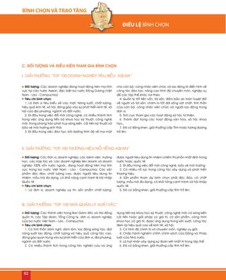 BÌNH CHỌN VÀ TRAO TẶNG
C. ÑOÁI TÖÔÏNG VAØ ÑIEÀU KIEÄN THAM GIA BÌNH CHOÏN
Ñoái töôïng: Caùc doanh nghieäp ñang hoaït ñoäng treân moïi lónh
vöïc taïi caùc nöôùc Asean, ñaëc bieät ba nöôùc Ñoâng Döông (Vieät
Nam - Laøo - Campuchia)
Tieâu chí bình choïn:
1. Laø Ñôn vò tieâu bieåu veà caùc maët: Naêng suaát, chaát löôïng,
hieäu quaû kinh teá, xaõ hoäi, ñoùng goùp vaøo söï phaùt trieån kinh teá, xaõ
hoäi cuûa ñòa phöông, ngaønh vaø ñaát nöôùc.
2. Ñi ñaàu trong vieäc ñoåi môùi coâng ngheä, coù nhieàu thaønh tích
trong vieäc öùng duïng tieán boä khoa hoïc kyõ thuaät, coâng ngheä
môùi, trong phong traøo phaùt huy saùng kieán, caûi tieán kyõ thuaät vaø
baûo veä moâi tröôøng sinh thaùi.
3. Ñi ñaàu trong vieäc ñaøo taïo, boài döôõng trình ñoä veà moïi maët
cho caùn boä, coâng nhaân vieân chöùc vaø lao ñoäng laø ñieån hình veà
coâng taùc ñaøo taïo, naâng cao trình ñoä chuyeân moân, nghieäp vuï
ñeå caùc taäp theå khaùc noi theo.
4. Quaûn lyù toát tieàn voán, taøi saûn, ñaûm baûo an toaøn tuyeät ñoái
veà ngöôøi vaø taøi saûn; chaêm lo toát ñôøi soáng vaät chaát, tinh thaàn
cuûa caùn boä, coâng nhaân vieân chöùc vaø ngöôøi lao ñoäng trong
ñôn vò.
5. Tích cöïc tham gia caùc hoaït ñoäng xaõ hoäi, töø thieän.
6. Thaønh ñaït trong caùc hoaït ñoäng vaên hoùa, xaõ hoäi, khoa
hoïc…
7. Ñaõ coù Baèng khen, giaûi thöôûng caáp Tænh hoaëc töông ñöông
trôû leân.
Ñoái töôïng: Caùc Ñôn vò, doanh nghieäp; caùc beänh vieän, tröôøng
hoïc, caùc Hôïp taùc xaõ, caùc doanh nghieäp lieân doanh vaø doanh
nghieäp 100% voán nöôùc ngoaøi… ñang hoaït ñoäng treân moïi lónh
vöïc trong ba nöôùc Vieät Nam - Laøo - Campuchia; Caùc saûn
phaåm ñoäc ñaùo, chaát löôïng cao, ñöôïc ngöôøi tieâu duøng tín
nhieäm, maãu maõ ña daïng, coù khaû naêng caïnh tranh & hoäi nhaäp
Quoác teá.
Tieâu chí bình choïn:
1. Laø ñôn vò, doanh nghieäp uy tín, saûn phaåm chaát löôïng,
ñöôïc ngöôøi tieâu duøng tín nhieäm chieám thò phaàn nhaát ñònh trong
nöôùc hoaëc quoác teá.
2. Ñi ñaàu trong vieäc ñoåi môùi coâng ngheä, baûo veä moâi tröôøng
3. Coù nhieàu noã löïc trong coâng taùc xaây döïng vaø phaùt trieån
thöông hieäu
4. Saûn phaåm tham döï bình choïn phaûi ñoäc ñaùo, coù chaát
löôïng, maãu maõ ña daïng, coù khaû naêng caïnh tranh vaø hoäi nhaäp
quoác teá.
5. Ñaõ coù baèng khen, giaûi thöôûng caáp tænh trôû leân.
Ñoái töôïng: Caùc thaønh vieân trong Ban Giaùm ñoác vaø Hoäi ñoàng
quaûn trò, caùc Taäp ñoaøn, Toång Coâng ty, ñôn vò, doanh nghieäp
cuûa ba nöôùc Vieät Nam - Laøo - Campuchia.
Tieâu chí bình choïn:
1. Coù tinh thaàn daùm nghó, daùm laøm, lao ñoäng saùng taïo, ñaït
naêng suaát lao ñoäng, chaát löôïng vaø hieäu quaû coâng taùc cao,
ñoùng goùp quan troïng vaøo söï phaùt trieån cuûa ñôn vò, ñòa phöông,
ngaønh vaø ñaát nöôùc.
2. Coù nhieàu thaønh tích trong coâng taùc nghieân cöùu vaø öùng
duïng tieán boä khoa hoïc kyõ thuaät, coâng ngheä môùi: coù saùng kieán
caûi tieán hoaëc giaûi phaùp coù giaù trò, coù saûn phaåm, coâng trình
khoa hoïc coù giaù trò, ñöôïc öùng duïng trong saûn xuaát, coâng taùc
ñem laïi hieäu quaû cao veà kinh teá, xaõ hoäi.
3. Coù trình ñoä chính trò vaø chuyeân moân, nghieäp vuï gioûi.
4. Chaáp haønh nghieâm chænh chính saùch cuûa Ñaûng vaø Phaùp
luaät cuûa Nhaø nöôùc.
5. Laø haït nhaân xaây döïng söï ñoaøn keát nhaát trí trong taäp theå.
6. Ñaõ coù baèng khen, giaûi thöôûng caáp tænh trôû leân.
I. GIAÛI THÖÔÛNG “TOP 100 DOANH NGHIEÄP TIEÂU BIEÅU ASEAN”
II. GIAÛI THÖÔÛNG “TOP 100 THÖÔNG HIEÄU NOÅI TIEÁNG ASEAN”
III. GIAÛI THÖÔÛNG “TOP 100 NHAØ QUAÛN LYÙ XUAÁT SAÉC”






62
 