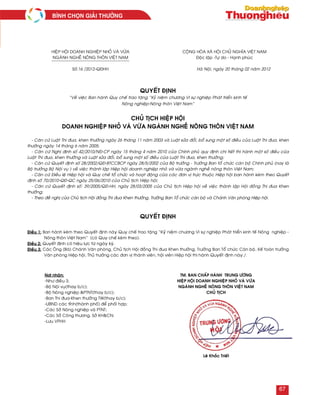 TM. BAN CHAÁP HAØNH TRUNG ÖÔNG
HIEÄP HOÄI DOANH NGHIEÄP NHOÛ VAØ VÖØA
NGAØNH NGHEÀ NOÂNG THOÂN VIEÄT NAM
CHUÛ TÒCH
Leâ Khaéc Trieát
QUYEÁT ÑÒNH
“Veà vieäc Ban haønh Quy cheá trao taëng “Kyû nieäm chöông Vì söï nghieäp Phaùt trieån kinh teá
Noâng nghieäp-Noâng thoân Vieät Nam”
QUYEÁT ÑÒNH
CHUÛ TÒCH HIEÄP HOÄI
DOANH NGHIEÄP NHOÛ VAØ VÖØA NGAØNH NGHEÀ NOÂNG THOÂN VIEÄT NAM
HIEÄP HOÄI DOANH NGHIEÄP NHOÛ VAØ VÖØA
NGAØNH NGHEÀ NOÂNG THOÂN VIEÄT NAM
Soá:16 /2012-QÑHH
COÄNG HOØA XAÕ HOÄI CHUÛ NGHÓA VIEÄT NAM
Ñoäc laäp -Töï do - Haïnh phuùc
Haø Noäi, ngaøy 20 thaùng 02 naêm 2012
- Caên cöù Luaät Thi ñua, khen thöôûng ngaøy 26 thaùng 11 naêm 2003 vaø Luaät söûa ñoåi, boå sung moät soá ñieàu cuûa Luaät Thi ñua, khen
thöôûng ngaøy 14 thaùng 6 naêm 2005;
- Caên cöù Nghò ñònh soá 42/2010/NÑ-CP ngaøy 15 thaùng 4 naêm 2010 cuûa Chính phuû quy ñònh chi tieát thi haønh moät soá ñieàu cuûa
Luaät Thi ñua, khen thöôûng vaø Luaät söûa ñoåi, boå sung moät soá ñieàu cuûa Luaät Thi ñua, khen thöôûng;
- Caên cöù Quyeát ñònh soá 28/2002/QÑ-BTCCBCP ngaøy 28/5/2002 cuûa Boä tröôûng - Tröôûng Ban toå chöùc caùn boä Chính phuû (nay laø
Boä tröôûng Boä Noäi vuï ) veà vieäc thaønh laäp Hieäp hoäi doanh nghieäp nhoû vaø vöøa ngaønh ngheà noâng thoân Vieät Nam;
- Caên cöù Ñieàu leä Hieäp hoäi vaø Quy cheá toå chöùc vaø hoaït ñoäng cuûa caùc ñôn vò tröïc thuoäc Hieäp hoäi ban haønh keøm theo Quyeát
ñònh soá 70/2010-QÑ-QC ngaøy 25/06/2010 cuûa Chuû tòch Hieäp hoäi;
- Caên cöù Quyeát ñònh soá: 39/2005/QÑ-HH, ngaøy 28/03/2005 cuûa Chuû tòch Hieäp hoäi veà vieäc thaønh laäp Hoäi ñoàng Thi ñua Khen
thöôûng;
- Theo ñeà nghò cuûa Chuû tòch Hoäi ñoàng Thi ñua Khen thöôûng, Tröôûng Ban Toå chöùc caùn boä vaø Chaùnh Vaên phoøng Hieäp hoäi.
Ñieàu 1: Ban haønh keøm theo Quyeát ñònh naøy Quy cheá trao taëng “Kyû nieäm chöông Vì söï nghieäp Phaùt trieån kinh teá Noâng nghieäp -
Noâng thoân Vieät Nam” (coù Quy cheá keøm theo).
Ñieàu 2: Quyeát ñònh coù hieäu löïc töø ngaøy kyù.
Ñieàu 3: Caùc OÂng (Baø) Chaùnh Vaên phoøng, Chuû tòch Hoäi ñoàng Thi ñua Khen thöôûng, Tröôûng Ban Toå chöùc Caùn boä, Keá toaùn tröôûng
Vaên phoøng Hieäp hoäi, Thuû tröôûng caùc ñôn vò thaønh vieân, hoäi vieân Hieäp hoäi thi haønh Quyeát ñònh naøy./.
Nôi nhaän:
-Nhö ñieàu 3;
-Boä Noäi vuï(thay b/c);
-Boä Noâng nghieäp &PTNT(thay b/c);
-Ban Thi ñua-Khen thöôûng TW(thay b/c);
-UBND caùc tænh(thaønh phoá) ñeå phoái hôïp;
-Caùc Sôû Noâng nghieäp vaø PTNT;
-Caùc Sôû Coâng thöông, Sôû KH&CN;
-Löu VPHH
67
Bình choïn giaûi thöôûng
 