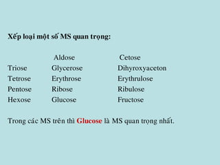 Xeáp loaïi moät soá MS quan troïng:
Aldose Cetose
Triose Glycerose Dihyroxyaceton
Tetrose Erythrose Erythrulose
Pentose Ribose Ribulose
Hexose Glucose Fructose
Trong caùc MS treân thì Glucose laø MS quan troïng nhaát.
 