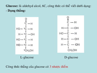Glucose: laø aldehyd alcol, 6C, coâng thöùc coù theå vieát döôùi daïng:
- Daïng thaúng:
L-glucose D-glucose
Coâng thöùc thaúng cuûa glucose coù 3 nhöôïc ñieåm
 