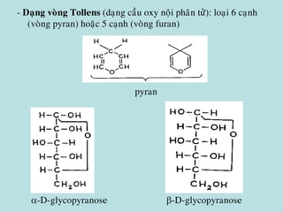 - Daïng voøng Tollens (daïng caàu oxy noäi phaân töû): loaïi 6 caïnh
(voøng pyran) hoaëc 5 caïnh (voøng furan)
pyran
-D-glycopyranose -D-glycopyranose
 