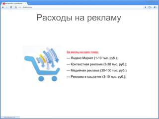 Расходы на рекламу


      За месяц на один товар:

      — Яндекс.Маркет (1-10 тыс. руб.);
      — Контекстная реклама (3-30 тыс. руб.);
      — Медийная реклама (30-100 тыс. руб.);
      — Реклама в соц.сетях (3-10 тыс. руб.);
 