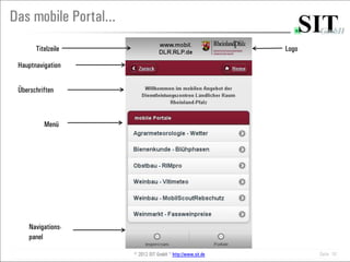 Das mobile Portal...
       Titelzeile                                            Logo

 Hauptnavigation


 Überschriften



          Menü




     Navigations-
     panel

                       © 2012 SIT GmbH * http://www.sit.de          Seite 10
 