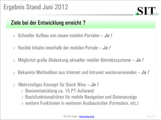 Ergebnis Stand Juni 2012

  Ziele bei der Entwicklung erreicht ?

   ✗   Schneller Aufbau von neuen mobilen Portalen – Ja !

   ✗   flexible Inhalte innerhalb der mobilen Portale – Ja !

   ✗   Möglichst große Abdeckung aktueller mobiler Betriebssysteme – Ja !

   ✗   Bekannte Methodiken aus Internet und Intranet weiterverwenden – Ja !

   ✗   Mehrstufiges Konzept für Quick Wins – Ja !
        ✗ Basisentwicklung ca. 15 PT Aufwand
        ✗ Basisfunktionalitäten für mobile Navigation und Datenanzeige
        ✗ weitere Funktionen in weiteren Ausbaustufen (Formulare, etc.)


                                © 2012 SIT GmbH * http://www.sit.de         Seite 23
 