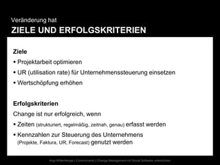 Veränderung hat
ZIELE UND ERFOLGSKRITERIEN

Ziele
 Projektarbeit optimieren
 UR (utilisation rate) für Unternehmenssteuerung einsetzen
 Wertschöpfung erhöhen


Erfolgskriterien
Change ist nur erfolgreich, wenn
 Zeiten (strukturiert, regelmäßig, zeitnah, genau) erfasst werden
 Kennzahlen zur Steuerung des Unternehmens
  (Projekte, Faktura, UR, Forecast) genutzt werden


               Anja Wittenberger | Communardo | Change Management mit Social Software unterstützen
 