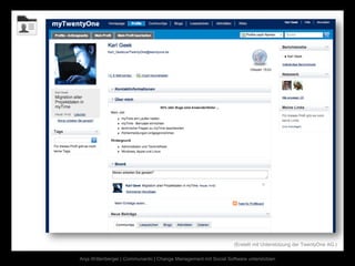 (Erstellt mit Unterstützung der TwentyOne AG.)

Anja Wittenberger | Communardo | Change Management mit Social Software unterstützen
 