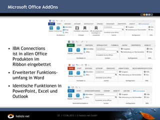 Microsoft Office AddOns
• IBM Connections
ist in allen Office
Produkten im
Ribbon eingebettet
• Erweiterter Funktions-
umfang in Word
• Identische Funktionen in
PowerPoint, Excel und
Outlook
13.06.201322 | | © holistic-net GmbH
 