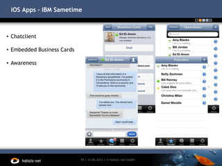 iOS Apps – IBM Sametime
13.06.201329 | | © holistic-net GmbH
• Chatclient
• Embedded Business Cards
• Awareness
 