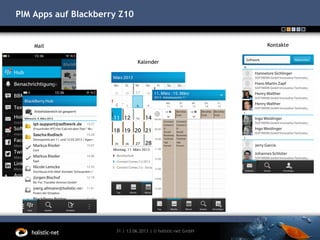 PIM Apps auf Blackberry Z10
13.06.201331 | | © holistic-net GmbH
Mail
Kalender
Kontakte
 