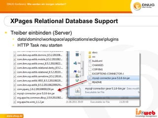Treiber einbinden (Server) data\domino\workspace\applications\eclipse\plugins HTTP Task neu starten XPages Relational Database Support 