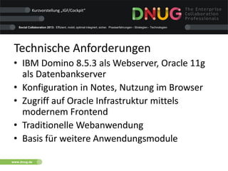 Social Collaboration 2013: Effizient, mobil, optimal integriert, sicher. Praxiserfahrungen - Strategien - Technologien
www.dnug.de
Technische Anforderungen
• IBM Domino 8.5.3 als Webserver, Oracle 11g
als Datenbankserver
• Konfiguration in Notes, Nutzung im Browser
• Zugriff auf Oracle Infrastruktur mittels
modernem Frontend
• Traditionelle Webanwendung
• Basis für weitere Anwendungsmodule
Kurzvorstellung „IGF/Cockpit“
 