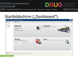 Social Collaboration 2013: Effizient, mobil, optimal integriert, sicher. Praxiserfahrungen - Strategien - Technologien
www.dnug.de
Startbildschirm („Dashboard“)
Kurzvorstellung „IGF/Cockpit“
 
