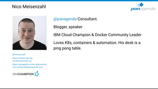 @panagenda Consultant.
Blogger, speaker
IBM Cloud Champion & Docker Community Leader
Loves K8s, containers & automation. His desk is a
ping pong table.
Nico Meisenzahl
@nmeisenzahl
https://meisenzahl.org
nico@meisenzahl.org
https://panagenda.com/modernization
nico.meisenzahl@panagenda.com
 