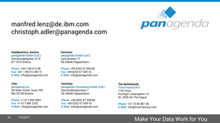 Headquarters, Austria:
panagenda GmbH (Ltd.)
Schreyvogelgasse 3/10
AT 1010 Vienna
Phone: +43 1 89 012 89
Fax: +43 1 89 012 89-15
E-Mail: info@panagenda.com
Germany:
panagenda GmbH (Ltd.)
Lahnstrasse 17
DE 64646 Heppenheim
Phone: +49 6252 67 939-00
Fax: +49 6252 67 939-16
E-Mail: info@panagenda.com
USA:
panagenda Inc.
60 State Street, Suite 700
MA 02109 Boston
Phone: +1 617 855 5961
Fax: +1 617 488 2292
E-Mail: info@panagenda.com
Germany:
panagenda Consulting GmbH (Ltd.)
Donnersbergstrasse 1
DE 64646 Heppenheim
Phone: +49 6252 67 939-86
Fax: +49 6252 67 939-16
E-Mail: info@panagenda.com
The Netherlands:
Trust Factory B.V.
11th Floor,
Koningin Julianaplein 10
NL 2595 AA The Hague
Phone: +31 70 80 801 96
E-Mail: info@trust-factory.com
© 2007-2015 panagenda
Make Your Data Work for You
manfred.lenz@de.ibm.com
christoph.adler@panagenda.com
32 11/6/2017
 