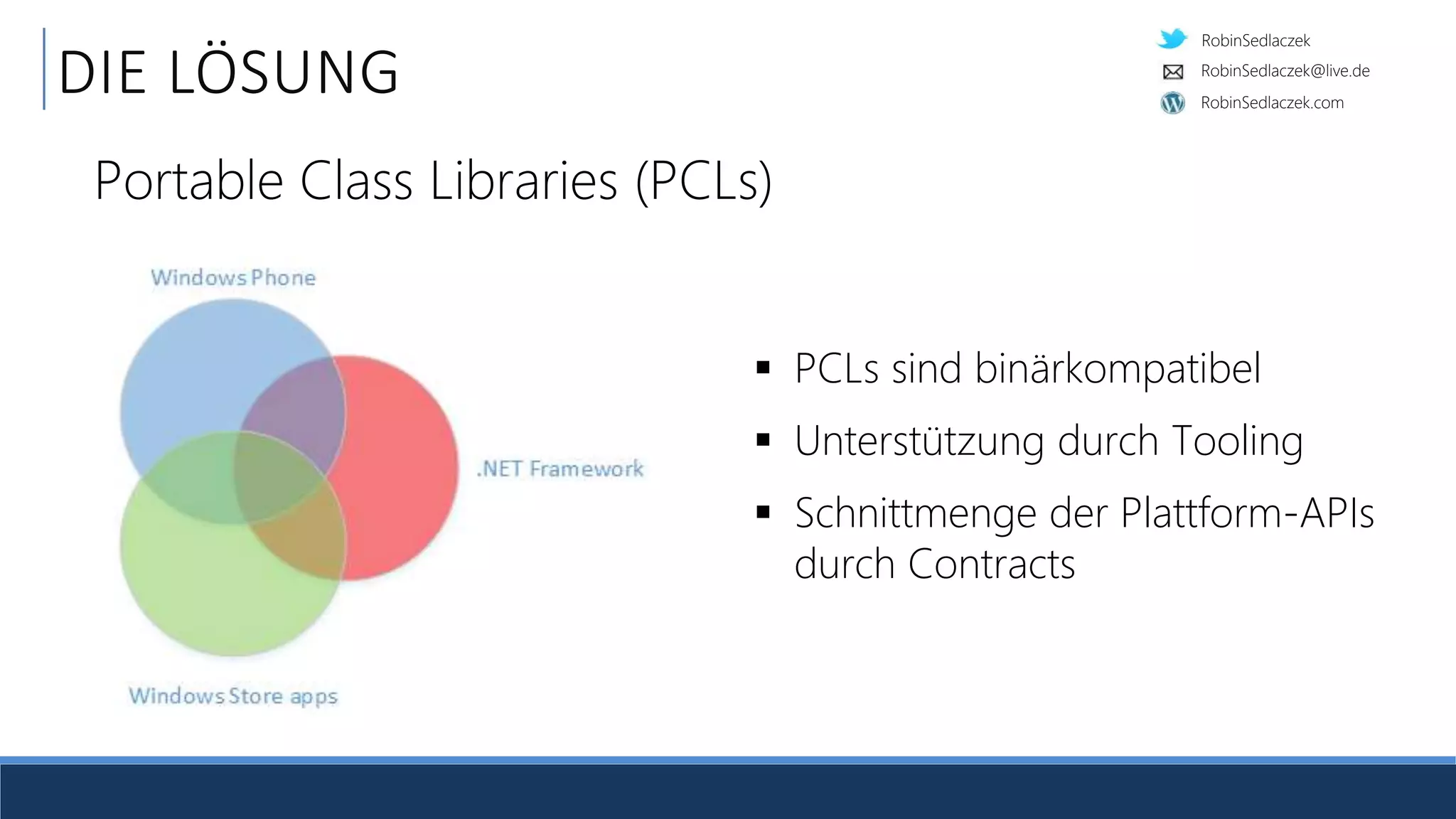 RobinSedlaczek
RobinSedlaczek.com
RobinSedlaczek@live.de
DIE LÖSUNG
Portable Class Libraries (PCLs)
 PCLs sind binärkompatibel
 Unterstützung durch Tooling
 Schnittmenge der Plattform-APIs
durch Contracts
 