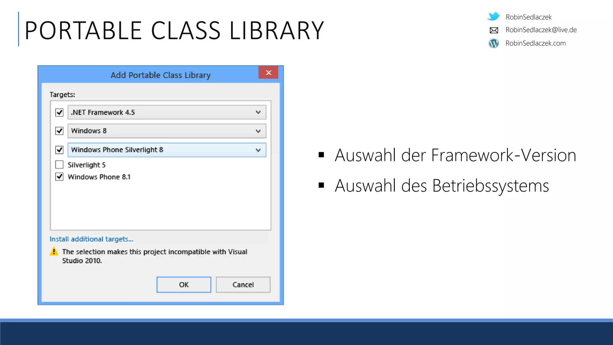 RobinSedlaczek
RobinSedlaczek.com
RobinSedlaczek@live.de
PORTABLE CLASS LIBRARY
 Auswahl der Framework-Version
 Auswahl des Betriebssystems
 