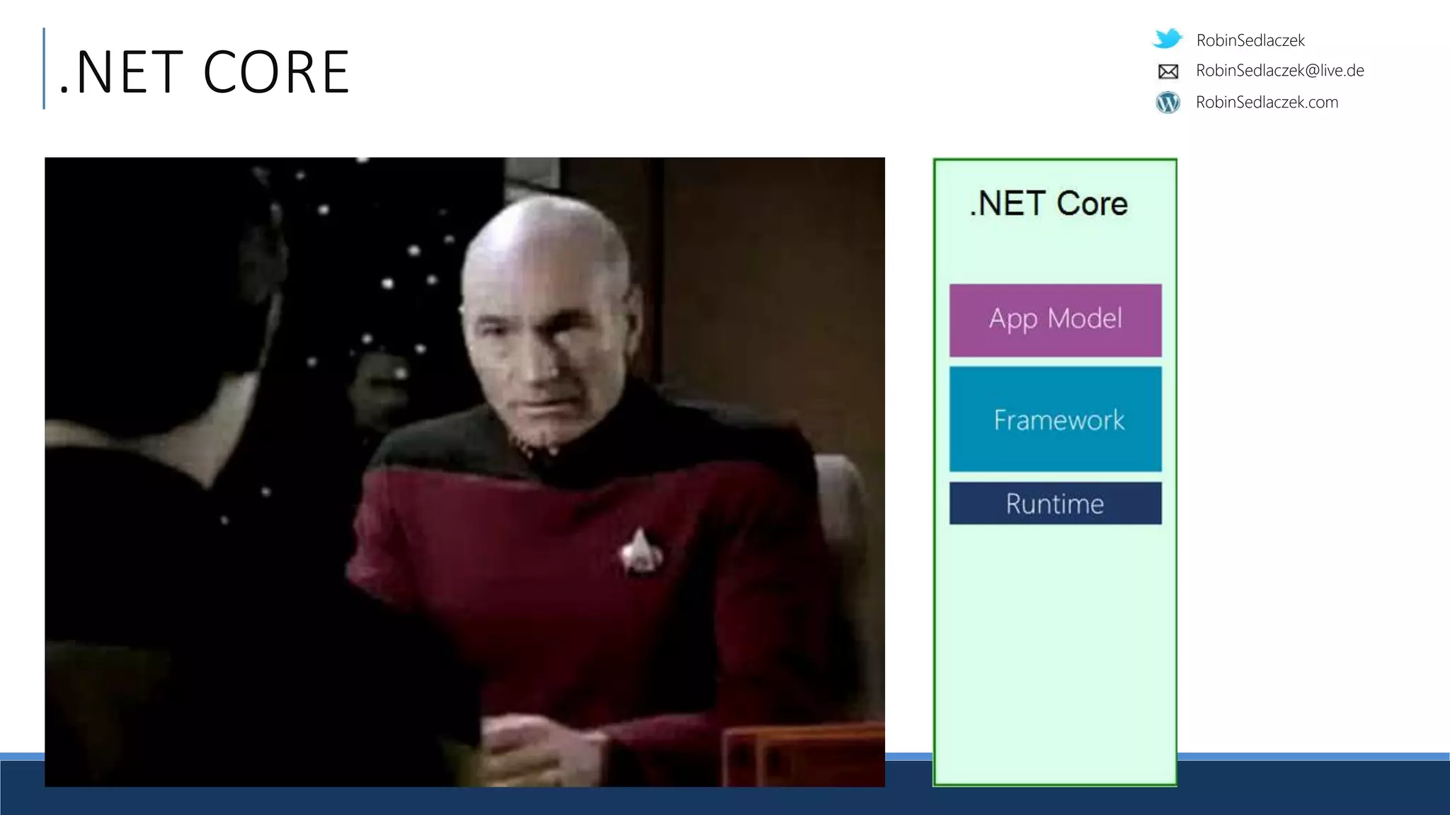 RobinSedlaczek
RobinSedlaczek.com
RobinSedlaczek@live.de
.NET CORE
Was bringt .NET Core mit?
 Laufzeitumgebung
 Klassenbibliothek
 Applikationsmodell
Doch wieder eine neue
„.NET Vertical“
 