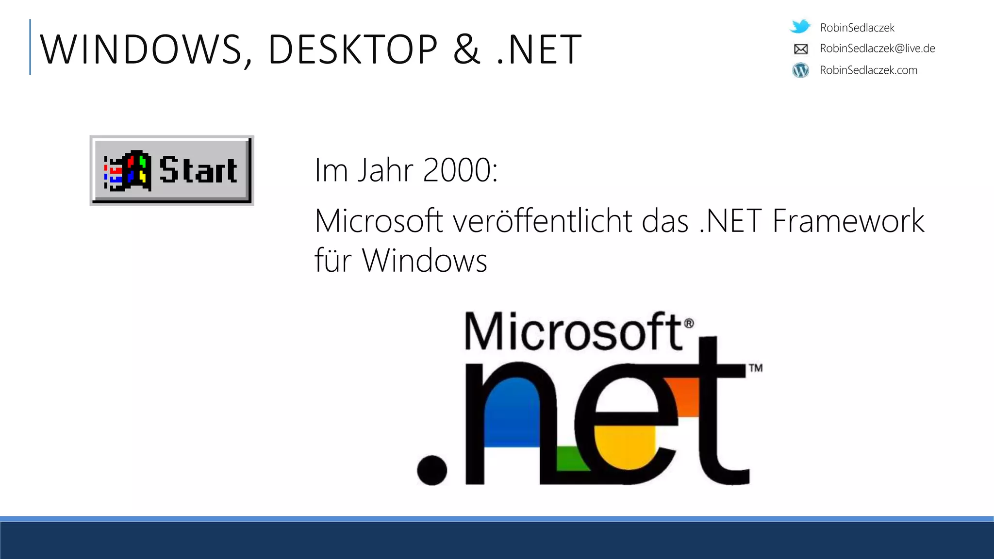 RobinSedlaczek
RobinSedlaczek.com
RobinSedlaczek@live.de
WINDOWS, DESKTOP & .NET
Im Jahr 2000:
Microsoft veröffentlicht das .NET Framework
für Windows
 