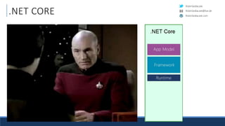 RobinSedlaczek
RobinSedlaczek.com
RobinSedlaczek@live.de
.NET CORE
Was bringt .NET Core mit?
 Laufzeitumgebung
 Klassenbibliothek
 Applikationsmodell
Doch wieder eine neue
„.NET Vertical“
 