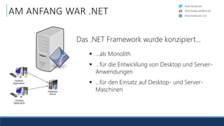 RobinSedlaczek
RobinSedlaczek.com
RobinSedlaczek@live.de
AM ANFANG WAR .NET
 …als Monolith
 …für die Entwicklung von Desktop und Server-
Anwendungen
 …für den Einsatz auf Desktop- und Server-
Maschinen
Das .NET Framework wurde konzipiert…
 