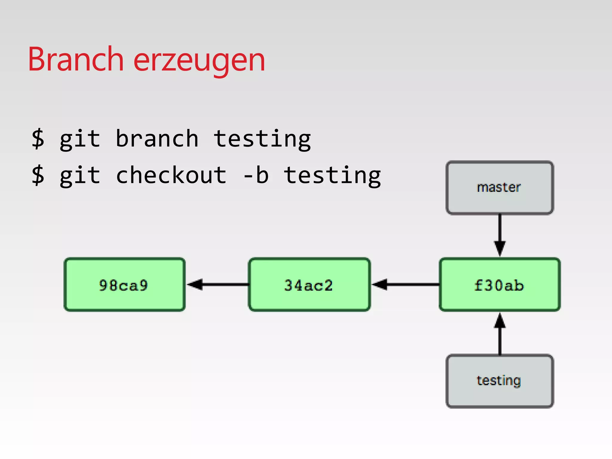 Branch erzeugen
$ git branch testing
$ git checkout -b testing
 