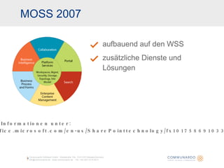 MOSS 2007 aufbauend auf den WSS zusätzliche Dienste und Lösungen Communardo Software GmbH · Kleiststraße 10a · D-01129 Dresden/Germany info@communardo.de · www.communardo.de ·  Tel. +49 (351) 8 33 82-0 weitere Informationen unter: http://office.microsoft.com/en-us/SharePointtechnology/fx101758691033.aspx 