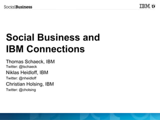 Social Business and
IBM Connections
Thomas Schaeck, IBM
Twitter: @tschaeck
Niklas Heidloff, IBM
Twitter: @nheidloff
Christian Holsing, IBM
Twitter: @cholsing
 