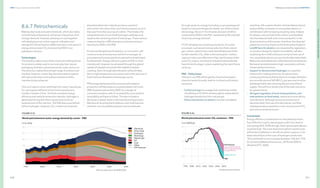 210
DNV Energy Transition Outlook 2022
211
Pathway to net zero emissions CHAPTER 8
PATHWAY
TO
NET
ZERO
EMISSIONS
8.6.7 Petrochemicals
Making chemicals and petrochemicals, which also relies
on fossil fuels as feedstock, will remain a key driver of oil
and gas demand. However, phasing out coal together
with deployment of carbon capture, utilization and
storage (CCUS) will lead to a 86% reduction in the sector’s
energy and process CO2
emissions by 2050 in our
pathway to net zero.
Technologies
The industry makes many of the chemical building blocks
for products widely used in our everyday lives: plastic
packaging, fertilizers, pharmaceuticals, tyres, and so on.
This diversity implies that a broad range of solutions are
needed. However, certain key decarbonization options
will reduce the direct and indirect emissions of this
manufacturing subsector.
One such option is fuel-switching from coal to natural gas
for coal-based methanol and ammonia production,
mostly in Greater China. This both increases energy
efficiency and reduces emissions intensity. Hydrogen is
generated during the reforming process and is an
essential part of the reaction. The PNZ sees a partial fuel
shift to hydrogen. However, CO2
is either recombined
directly (methanol) or later (to produce urea from
ammonia) in the value chain, and chemical plants must in
that case find other sources of carbon. This hinders the
competitiveness of non-fossil hydrogen pathways and
explains the remaining share of natural gas. These various
measures lead to a 30% decrease in process emission
intensity by 2050 in the PNZ.
Primary building blocks for plastics, or monomers, will
continue to be primarily sourced from oil and gas, as
processes and current plants are tailored and optimized
for these fuels. Energy-efficiency gains of 25% on heat
intensity will, however, be achieved through the global
uptake of catalytic processes like naphtha catalytic
cracking. Gains through electrification will be limited,
due to high-temperature processes and to the dual use of
fossil fuels as a feedstock and energy source.
PNZ energy demand and thus emissions for plastics
production will decrease as recycled plastics will cover
28% of plastics demand by 2050. Eco-design of
consumer products, with an increased focus on product
recyclability will have to follow. This also includes a
decrease in plastic waste in the manufacturing process.
Mechanical recycling has limitations, and most improve-
ments for non-recyclable polymers can be achieved
through waste-to-energy (including co-processing) and
waste-to-fuel technologies for better use of the embed-
ded energy. About 2.1 EJ of waste-derived oil will be
produced by 2050 in the PNZ, representing 5% of global
oil primary energy demand.
CCUS will abate the remaining emissions. For some
processes, such as ammonia production from natural
gas, carbon capture has a clear benefit because of the
further need for CO2
, often in the same plant. Carbon
capture is also cost-effective in that case because of the
pure CO2
output, and several industrial plants already
have the technology in place, explaining the rapid future
ramp-up.
PNZ — Policy levers
Policies in our PNZ will target the chemical and petro-
chemical sector broadly, both on its direct and indirect
emissions.
— Carbon pricing encourages fuel-switching and the
retrofitting of CCUS for existing plants, especially for
hydrogen production from natural gas.
— Policy intervention on plastics includes mandated
recycling, with a generalization of extended producer
responsibility, and taxes on unrecycled plastics, in
combination with increasing recycling rates. Indeed,
for plastics, around half of the carbon is embedded
into the material itself, and not accounted for in the
direct emissions of the sector; therefore, the disposal
phase has a strong impact on the final carbon footprint.
— Landfill bans for plastics, accompanied by regulations
on product design for higher recyclability, will also
avoid long-term GHG emissions and promote use of
non-recyclable plastics as a source for alternative fuels.
Reduction and substitution of the demand via measures
like banning substitutable single-use plastics will also
impact global emissions.
— Support to decarbonized hydrogen, an essential
chemical for making ammonia. Emissions from
producing this key building block of nitrogen fertilizers
are currently around 500 MtCO2
per year and must be
addressed while also ensuring the security of food
supply. This will thus remain one of the main concerns
for governments.
— Stringent regulation of local nitrate pollution, and
interventions on food waste, reduce ammonia deriva-
tives demand. Although ammonia production is
decarbonized, final use of its derivatives, and their
subsequent decomposition in soil, are sources of CO2
and nitrous oxide emissions.
Investments
Energy-efficiency investments on new plants (process,
fuel shifts from coal to natural gas) could in fact lead to
cost savings (IEA, 2018), though initial capital expenditures
could be high. The most important upfront capital costs
will be the installation or retrofit of carbon capture, or for
water electrolysis in the case of hydrogen production.
This could lead to cost increases between 15% and 111%
for ammonia (Material Economics, 2019) and 50% for
ethylene (ETC, 2020).
 