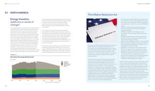 226
DNV Energy Transition Outlook 2022
227
Regional transitions CHAPTER 9
On August 16, 2022, President Biden signed into law the
Inflation Reduction Act (IRA). A slimmed down and
reworked version of the Build Back Better plan, it aims to
curb inflation by reducing the deficit through changes to
the tax code, lowering prescription drug prices, and
investments in domestic energy production, specifically
clean energy production, which will lower costs and
reduce emissions.
This is by far the most expansive energy bill passed by
Congress, and it has been met with enthusiasm from
those working in the renewables industry in the US. It
provides a host of incentives, funding, and investments in
renewable energy, on all levels — from consumers to
producers and manufacturers of renewable technology
— all adding up to 369 billion USD in spending on domestic
energy and climate change. Through the many provisions
in this bill,the US aims to reduce greenhouse gas emissions
by 40% by 2030, a step in the right direction towards
meeting Biden’s Paris Agreement targets and reducing
GHG emissions to zero by 2050. Some of the highlights
which are pertinent to the future of renewable energy and
emissions reduction in the United States include:
— Tax credit of up to USD 7,500 for the purchase of new
clean vehicles manufactured in the US with US made
parts, and a new credit of USD 4,000 for used EVs for
households with a maximum income of USD 150,000
a year.
— USD 10bn in investment tax credits to build manu-
facturing facilities that make EVs and renewable
energy technologies.
— USD 9bn in rebates for individuals buying and
retrofitting homes with energy-efficient and electric
appliances.
— USD 30bn for solar panels, wind turbines, batteries,
geothermal plants, and advanced nuclear reactors,
including tax credits over 10 years.
— CCS tax credit of USD 85 per metric ton, up from USD 50
— Methane penalty: USD 900 per metric ton of methane
emissions that exceed federal limits in 2024, rising to
USD 1,500 per metric ton in 2026
— USD 20bn to cut emissions in the agriculture sector
— USD 27bn for ‘green bank’ to support clean energy
projects particularly in disadvantaged communities.
— USD 60bn to support low-income communities and
communities of colour, includes grants for zero-
emissions technology and vehicles, highway pollution
mitigation, bus depots and other infrastructure
located near disadvantaged communities
The bill simultaneously supports the deployment of low
carbon energy technologies while also promoting an
increase in domestic manufacturing, which in turn will
create domestic jobs. Some of these energy tax incentives
are retroactive, while many others go on for ten years,
starting as early as 2023. Reactions to the bill have been
largely positive, with the legislation being called
groundbreaking, and seen as a major climate and energy
achievement, with expectations that it will produce long
lasting change. Critics generally acknowledge that the
IRA is a step forward but stress that it does not go far
and fast enough in tackling the climate crisis.
The Inflation Reduction Act
Energy transition:
doldrums or winds of
change?
The energy transition is moving forward in North America
more slowly than it could. Oil and gas have always been
cheap and abundant in this region and there is a deep-
seated reluctance to change its fossil fuel advantage,
though this is starting to shift. Renewables have become
the most economically competitive power sources, and
the recent passage of the Inflation Reduction Act (IRA),
described overleaf, makes large investments in renewable
energy with the duration of the support lasting into the
2030s. However, getting the IRA through the legislature
was tortuous; it is a much slimmed down version of the
Build Back Better Bill, which contained more climate
legislation, and it is obvious that the transition is not
advancing without question in a polarized political
climate. Recent steps backwards for the transition include
the anti-dumping investigations targeting Chinese solar
cells/modules, and limits placed by the Supreme Court on
the powers of the Environmental Protection Agency (EPA).
It remains to be seen whether the push for energy
security and producing more energy domestically,
following Russia’s invasion of Ukraine, helps or hinders
the transition.
In Canada, the transition has been driven by federal
policies. Most of its electricity has long been produced
renewably through hydropower, and the government has
committed to an emissions reduction plan, setting goals
for 2030 and 2050. However, there is still political resist-
ance to stepping away from fossil fuels, especially in
oil-producing provinces Alberta and Saskatchewan, and
in areas where energy resources are scarcer, such as in
the north of Canada.
In 2050, North America will have about 5% of the world’s
population and the highest GDP per person of our 10
regions; 78,000 USD per year. Though its share of world
GDP declines from 16% today to 11% in 2050, mainly due
to faster GDP growth in China and India, North America
9.1 NORTH AMERICA
 