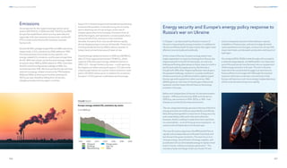 256
DNV Energy Transition Outlook 2022
257
Regional transitions CHAPTER 9
In Chapter 1, we described how Russia’s invasion of
Ukraine is impacting the energy transition. In addition to
Ukraine and Russia itself, Europe is by far the region most
affected, economically and politically.
At the outset of the war, Europe’s energy system was
highly dependent on imports of energy from Russia, the
largest exporter to the EU of natural gas, oil, and coal.
Halting and finding alternatives to these imports is both a
top EU and wider European priority. But the task is
fraught with difficulties. Replacing Russian natural gas is
the greatest challenge, as there is currently insufficient
infrastructure (such as LNG terminals) to replace piped
Russian gas with supply from other countries. DNV
(2022b) gives an overview of how the gas is likely to be
replaced, and the impact this will have on the energy
transition in Europe.
Before and independent of the war, EU decarbonization
targets — 55% less emissions by 2030, and net-zero in
2050 (e.g. see summary in DNV, 2021a, p 184) — had
already set out the EU priorities and actions.
The war catapulted energy security to the top of the EU’s
energy priorities, but without sustainability and afforda-
bility being downgraded in importance. Energy security
and sustainability often pull in the same direction.
However, the EU is willing to make short-term sacrifices
on sustainability — such as firing up more coal plants — to
reduce and end dependence on Russian gas.
The main EU policy response is the REPowerEU Plan to
rapidly reduce dependence on Russian fossil fuels and
fast-forward the green transition. The main focus is on
“energy savings, diversification of energy supplies, and
accelerated roll-out of renewable energy to replace fossil
fuels in homes, industry and power generation”. This
includes a faster and larger build-out of solar PV and
wind, increased production of biomethane, massive
installation of heat pumps, policies to nudge demand-
reducing behavioural changes, construction of new LNG
import terminals, and domestic production and import of
hydrogen.
Our analysis (DNV, 2022b) is that this plan will succeed to
a relatively large degree, and RePowerEU is an important
part of the policies we have factored into our assessment
of the energy transition in Europe. The war in Ukraine
looks set to be a protracted struggle, but sanctions on
Russia will last much longer still. Although the eventual
outcome of the war is unknown, one certainty is that
Europe will become much more energy independent and
will do so by decarbonizing more rapidly.
Energy security and Europe’s energy policy response to
Russia’s war on Ukraine
Emissions
Our projection for the regional average carbon-price
level is USD 95/tCO2
in 2030 and USD 135/tCO2
by 2050.
Europe has established carbon pricing nationally and
regionally, with clear upward pricing trends, and the EU
ETS is a main tool to finance the transition cost (see
Section 6.4).
EU and UK NDC pledges target 55% and 68% reductions,
respectively, in CO2
emissions by 2030 relative to 1990.
Our forecast does not include country-specific, non-
energy-related CO2
emissions, and Europe is larger than
the EU. With that caveat, we see Europe’s energy-related
emissions down 48% by 2030 relative to 1990, more than
the EU’s initial Paris Agreement pledge of 40%, but
certainly less than 55%. We forecast that Europe will have
reduced its energy-related emissions by 79% between
2020 and 2050, at which point it will be emitting 0.6
GtCO2
per year, therefore falling short of net-zero
pledges prevalent among region countries.
Figure 9.3.11 shows transport and manufacturing reducing
emissions the quickest. In manufacturing, this is mainly
due to declining use of coal and gas, as the role of
cheaper green electricity increases. Emissions from oil
will be the largest, and represent a constant yearly share
of around half of CO2
emissions in the next three
decades. Emissions from coal use will decline rapidly,
almost disappearing as coal use will dwindle. Those from
oil will gradually decline by 2050 to about a quarter of
today’s level, primarily because of lower oil use.
Overall energy-related emissions in 2050 are 646 MtCO2
after CCS has captured and stored 179 MtCO2
, which
captures 22% of Europe’s energy-related emissions in
2050. CCS — though limited in Europe — is still capturing
the largest such share among all regions. CCS will not be
a big enough industry to counter carbon emissions, even
with a 135 USD/t carbon price. In relative CO2
emissions,
Europe’s 1.2 tCO2
/person is well below world average.
 