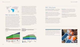 273
272
Regional transitions CHAPTER 9
DNV Energy Transition Outlook 2022
PNZ– Sub-Saharan Africa
Our pathway to net zero (PNZ) sees Sub-Saharan Africa's
energy-related CO2
emissions fall by 41% from 2020 to
2050, but still be significant at 0.53 Gt, the highest among
regions. As shown in Figure 9.4.14, all sectoral emissions
will decline by a similar fraction. Sub-Saharan Africa is
far from ‘net zero’ in our global pathway by 2050 and
illustrates precisely why wealthier regions will have to go
below zero before then. In our ETO forecast, the region
has the highest increase (61%) in carbon emissions from
2020 to 2050, and the highest percentage growth in
energy demand — a consequence of the steepest popu-
lation growth among the regions that starts with a low
energy intensity, and is set to develop and provide more
energy services to its energy-deprived population.
Final energy demand in a net zero future will increase by
50% to 2050. In buildings, the use of traditional biomass
declines, but still constitutes 41% of the region’s final
energy, and a full 75% of buildings’ energy use in 2050.
Manufacturing is the sector where energy use increases
the most — almost triples to over 7 EJ mid-century. And
while the region lags others in vehicle electrification, by
2048 electricity use would surpass oil in road transport.
By mid-century, over 80% of the vehicle fleet is electrified
in a net zero future. This is both a consequence of strong
grid growth, but also a cause of grid expansion.
On the supply-side, coal use doubles to 2050 (Figure
9.4.13). However, all power and hydrogen production
processes with carbon emissions see full CCS coverage.
Electricity use will increase, almost quintupling its share
of final energy demand to 33%, playing an increasing role
in all sectors. Hydrogen as an energy carrier will emerge
to account for a 4% energy share. The electricity mix will
have expanded shares for solar and wind, with coal being
forced out in 2045. The region’s energy rich waterways
will undergo damnation to a greater extent than any other
region, with hydropower providing 37% in 2050 —
a slightly higher share than solar PV.
Economy-wide economic signals − The rise in average
region carbon prices, to USD 15/tCO2
in 2030 and USD
50/tCO2
in 2050, is reflected as costs for fossil fuels.
Transport − Taxation levels on gasoline and diesel
increase (+75%), however transport policies adopted in
SSA are the least stringent, with no bans on the sale of ICE
vehicles. Charging infrastructure for electrification of
road transport will take longer time to come into
existence.
Buildings − CO2
emissions reduction is achieved through
partial bans (25%) on fossil fuel equipment in buildings by
2050. The lifetime of new fossil-fuel equipment halves
(from 15-7.5 years), and traditional biomass equipment
similarly has only half the previous lifetime; in combina-
tion enabling faster electrification. Commercial buildings
face a higher cost of capital for fossil-fuel equipment.
Manufacturing − The cost of capital for oil and gas
equipment increases from 8% in 2022 to 17%, and for
coal equipment increases to 20%. This considerably
reduces the attractiveness of fossil-fuel equipment,
enabling the faster phase-out.
Energy supply − New oil and gas capacity additions are
banned from 2028. Grid electricity is subsidized when
used for hydrogen production, in addition to the capacity
investment support of 10% for dedicated renewables for
hydrogen production.
PNZ – Policy levers
Sub-Saharan Africa is far from ‘net zero’ in
our global pathway by 2050 and illustrates
precisely why wealthier regions will have to
go below zero before then.
 
