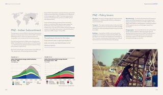 313
Regional transitions CHAPTER 9
312
DNV Energy Transition Outlook 2022
PNZ – Indian Subcontinent
The pathway to net zero (PNZ) for the Indian Subcontinent
sees CO2
emissions reduce from 2.9 Gt in 2021 to 0.5 Gt in
2050 (Figure 9.8.11), driven by rapid penetration of
renewables, such as solar and wind in primary energy.
Overall energy demand in 2050 is also markedly lower
(26%) in the pathway to net zero than in our ETO forecast
— i.e. total final energy demand of 62 EJ instead of 78 EJ,
as illustrated in Figure 9.8.12.
Electricity and hydrogen use grow fast to reach 49% and
11%, respectively, of final energy demand in 2050
(Figure 9.8.12). Despite this rapid electrification substantial
shares of natural gas (7%), coal (10%) and oil (11%) persist
in the energy system in 2050. The Indian Subcontinent
has the second largest CO2
emissions in 2050, behind
Sub-Saharan Africa.
Given its historically low emissions from the energy
sector, it is vital that a PNZ helps the region phase out
fossil fuels and avoid being locked-in to new fossil
infrastructure. The role of CCS will be critical to achieving
net zero in the Indian Subcontinent, where 0.4 Gt will be
captured in 2040, rising to 1 Gt by 2050.
The pathway to net zero for the Indian
Subcontinent sees a rapid penetration of
solar and wind, and electrification of all
demand sectors.
CO2
price – The rise in average regional carbon prices to
USD 30/tCO2
in 2030 and USD 75/tCO2
is reflected as
costs for fossil fuels.
Transport — The region institutes a ban on the sale of ICE
passenger and commercial vehicles from 2041 and 2047,
respectively, while subsidizing the electricity price by 8%
from 2022.
Buildings — A partial ban of 25% on all new fossil-fuel
equipment in buildings is implemented by 2050, while
the lifetime of new fossil-fuel equipment is halved (from
15 to 7.5 years), contributing to faster phase-out of fossil
fuel infrastructure and electrification of buildings.
Manufacturing — To reduce attractiveness and speed up
phase-out of fossil equipment, the cost of capital of oil
and gas equipment increases from 8% in 2022 to 17% in
2050, and to 20% for coal equipment. Investment support
of 3% is given to electric and hydrogen-based heat
production.
Energy supply — Shortened lifetime for all new fossil-fuel
power capacity additions. New oil and gas capacity
developments are banned from 2028. Grid electricity is
subsidized for hydrogen production, and capacity
investment support of 7.5% is given for dedicated
renewable hydrogen production
PNZ – Policy levers
 
