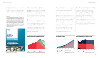 34
DNV Energy Transition Outlook 2022
35
Energy demand CHAPTER 1
For passenger transport, especially in urban areas, the
space efficiency of rail transport is superior to other
options. The ease of electrification also makes it a
favourable option for transport decarbonization.
Growth can also be explained by the increasing speed
and competitiveness of high-speed trains compared
with aviation, again with decarbonization as a main
driver. The greatest passenger growth will happen in
the Indian Subcontinent and Greater China, driven by a
significant rise in standards of living, and a strong public
policy push for rail transport development. As Figure
1.14 shows, almost all passenger rail growth will be in
these two regions, with Indian Subcontinent having a
57% share in global rail passenger transport in 2050,
and Greater China 27%.
In all regions apart from Europe, where rail freight has
traditionally been strong, GDP growth and transport
sector decarbonization strategies are drivers of
increased rail freight volumes. Europe has seen the
greatest increase in road-freight demand, but the
region’s potential for further growth in rail freight is
constrained by already-crowded tracks, improved roads,
and prioritization of passenger rail transport.
Energy-efficiency improvements will be strong and relate
mainly to electrification, though diesel-powered units will
also experience significant efficiency gains. As Figure
1.15 shows, we predict that current growth trends in
electrification will be sustained to meet demand for rail
transport, with the fuel mix in 2050 becoming 54%
electricity (41% today), 41% diesel, and 5% biofuel.
Hydrogen has potential to replace diesel on non-
electrified rail. Though single projects are frequently
announced, such as the world’s largest fleet of hydrogen
trains to be operated close to Frankfurt, Germany, with a
total volume of 27 hydrogen trains, no large-scale use of
gaseous energy carriers (e.g. hydrogen) in rail transport is
foreseen. This is due to barriers such as limits in pulling
power for rail freight transport, a need for governmental
support, and the lack of installation of a hydrogen fuelling
infrastructure along main rail tracks.
World cargo shipping is an integral part of our analysis.
Fossil-fuel demand and supply are regionally deter-
mined: any mismatch between regions is shipped from
the regions in surplus to those in deficit. There is also
considerable seaborne transport of fossil fuel within
regions. Similarly, base material supply and manufac-
tured products are shipped on keel within, and, more
importantly, between regions.
Fuel mix
Driven by the decarbonization push, the fuel mix in the
maritime subsector will change significantly over the
coming decades. It will transition from being almost
entirely oil-based today to a mix dominated in 2050 by
the use of low- and/or zero-carbon fuels (50%), natural
gas (19%, mostly liquefied natural gas) and biomass
(18%), as shown in Figure 1.13. Ammonia will have the
highest share (35%) of low-and zero-carbon fuels and
e-fuels 15%. Electricity will have only 2% for reasons
previously explained.
This massive fuel switch will be supported by many
regionally imposed decarbonization efforts. In our main
ETO forecast, we use one of several scenarios analysed
within “IMO ambitions” in our Maritime Forecast to 2050
(DNV, 2022c). That report details 24 scenarios across two
maritime decarbonization pathways: IMO ambitions
complying with the current IMO GHG Strategy, and
Decarbonization by 2050 achieving net-zero shipping by
then. The report’s fuel mix information is included here,
converted into the main energy-carrier categories used
in this Outlook.
Rail
This subsector consists of all rail-using transportation,
including urban rail systems. In 2020, a little less than 2%
of global transport energy demand was from rail, about
0.5% of global energy demand. Passenger numbers will
more than double (+140%) globally by 2050, driving rail
travel up to 9.9trn passenger-kilometres.
Rail freight transport grows 90% by mid-century, with
significant regional differences. The strongest growth is
expected in Greater China, where rail freight demand will
double in the next three decades while the equivalent
demand in Europe remains stable.
DNV Maritime Forecast to 2050
 