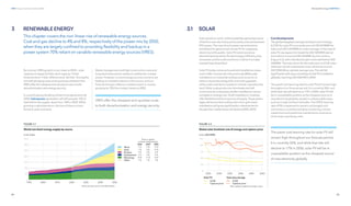 84
DNV Energy Transition Outlook 2022
85
Renewable energy CHAPTER 3
Solar panels on earth-orbiting satellites generated some
of the first-ever electricity produced by solar photovoltaic
(PV) means. The cost of such power was at that time
prohibitive for general use of solar PV for supplying
electricity to the public. Solar PV costs have since
declined spectacularly, the technology’s efficiency has
increased, and the scale and forms in which it is imple-
mented have diversified.
Solar PV today comes as household installations meas-
ured in kW; commercial-industrial scale (MW scale)
installations on industrial rooftops and car ports, to
reduce corporate energy bills; and multi-gigawatt,
utility-scale solar farms usually on remote, unproductive
land. Utility-scale production dominates and will
continue to do so because smaller installations cannot
compete on energy cost. Small installations, however,
offer flexibility and local security of supply. These advan-
tages will ensure that rooftop and micro-grid-sized
installations will grow significantly in absolute terms,
though their market share will decline (DNV, 2019).
Cost developments
The global weighted average levelized cost of energy
(LCOE) for solar PV is currently around USD 50/MWh for
solar and USD 120/MWh for solar+storage. In the case of
solar PV, we expect it to break the USD 50/MWh barrier
and reduce to around USD 30/MWh by mid-century
(Figure 3.2), with individual project costs well below USD
20/MWh. The main driver for this reduction in LCOE is the
reduction of unit investments costs, which are around
USD 900/kW as a global average now. This will fall
significantly with every doubling of solar PV installation
globally, reaching USD 650/kW in 2050.
The panel cost-learning rate for solar PV will remain high
throughout our forecast period. It is currently 26%, and
while that rate will decline to 17% in 2050, solar PV will
be in unassailable position as the cheapest source of
new electricity globally, except in unfavourable areas
such as in high northern latitudes. The OPEX-learning
rate of 9% is expected to remain unchanged until
mid-century, as enhanced data monitoring, remote
inspections and predictive maintenance continue to
drive down operating costs.
The panel cost-learning rate for solar PV will
remain high throughout our forecast period.
It is currently 26%, and while that rate will
decline to 17% in 2050, solar PV will be in
unassailable position as the cheapest source
of new electricity globally.
3 RENEWABLE ENERGY 3.1 SOLAR
By contrast, VRES growth is non-linear to 2050 — solar
capacity increases 22-fold, wind capacity: 9-fold.
Onshore wind: 7-fold, offshore wind: 56-fold. Driving this
are both plunging costs and a growing realization that
VRES offer the cheapest and quickest route to both
decarbonization and energy security.
In a world seeing doubling of electricity generation by
2050, hydropower generation will still provide 13% of
total electricity supply, down from 16% in 2020. While
growing in absolute terms, this loss of share is trans-
ferred to solar and wind.
Waste management and high construction costs and
long lead times remain stubborn realities for nuclear
power. However, current energy security concerns are
leading to renewed interest in this source, and our
forecast this year reflects a modest uptick in nuclear,
growing by 13% from today’s levels to 2050.
VRES offer the cheapest and quickest route
to both decarbonization and energy security.
This chapter covers the non-linear rise of renewable energy sources.
Coal and gas decline to 4% and 8%, respectively of the power mix by 2050,
when they are largely confined to providing flexibility and backup in a
power system 70% reliant on variable renewable energy sources (VRES).
 