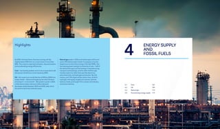 104
DNV Energy Transition Outlook 2022
105
Energy supply and fossil fuels CHAPTER 4
4
Highlights
By 2050, the fossil share of primary energy will dip
slightly below 50% from its current share of more than
80%. This is due to rapid electrification, decarbonization
and accelerating energy efficiencies.
Coal — has already peaked, and its use is expected to fall
almost two-thirds from current levels by 2050.
Oil — the route to an overall decline of 45% by 2050 from
today’s levels – influenced largely by the electrification
of transport – is not smooth. We predict a peak in 2025,
a little above today's demand, before demand
decreases slowly between 2025 and 2035, after which
the decline becomes relatively steep.
Natural gas peaks in 2036 and slowly tapers off to end
some 10% below today's levels. It surpasses oil as the
largest source of primary energy in the late 2040s. Gas
has staying power owing to its diversity of uses — half of
the demand for gas is as final energy in manufacturing,
transport and buildings, and the other half through
transformation for other final uses like electricity,
petrochemicals, and hydrogen production. By mid-
century, just 12% of gas will be carbon free, of which
hydrogen will supply roughly one quarter, with the
balance made up through CCS in power and industry,
and by biomethane. 4.1 Coal107
4.2 Oil109
4.3 Natural gas113
4.4 Summarizing energy supply119
ENERGY SUPPLY
AND
FOSSIL FUELS
 