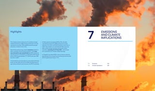 160
DNV Energy Transition Outlook 2022
161
Emissions and climate implications CHAPTER 7
7
EMISSIONS
AND CLIMATE
IMPLICATIONS
Highlights
This chapter present a forecast of cumulative energy-
related emissions to 2050. Energy production and use
represents more than 70% of global greenhouse gas
emissions, of which most is CO2
.
We find that while energy-related emissions peaked in
2019, and fell by 7% during the pandemic, they have
now returned to near-record levels. By 2025, emissions
will have grown to 32.8 GtCO2
(a little below 2019 levels)
before declining gradually to 17.7 GtCO2
per year, 46%
less than in 2021.
To estimate the warming trajectory associated with these
levels, we also take into account likely developments in
agriculture and land-use emissions, and IPCC estimates
of other greenhouse gases (GHGs). We calculate
cumulative emissions to 2050 and assume a linear
reduction from then until GHG emissions reach zero in
2100. That enables us to estimate the likely warming
effect of the energy transition we forecast, which
indicates a warming of 2.2°C by 2100 — which holds
dire implications for climate-related damage.
In Chapter 8, we detail DNV’s view on how to close the
gap between the energy future we forecast and one that
will limit global warming to 1.5°C.
7.1 Emissions163
7.2 Climate implications169
 