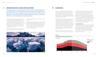 162
DNV Energy Transition Outlook 2022
163
Emissions and climate implications CHAPTER 7
7 EMISSIONS AND CLIMATE IMPLICATIONS 7.1 EMISSIONS
The energy sector is responsible for more than 70% of annual greenhouse
gas (GHG) emissions associated with human activities. The combustion of
fossil fuels is the main contributor to emissions from the sector. Most of the
emission is carbon dioxide (CO2
), though methane (CH4
) is also an important
GHG when considering future climate implications.
Emissions from energy-related activities have grown
continuously since the Industrial Revolution and it is
estimated that 50% of energy-related emissions have
been added to the atmosphere in the last 50 years
(Buis, 2019). After staying virtually flat between 2014 and
2016, global annual energy-related CO2
emissions grew
to a peak of 33.6 GtCO2
in 2019.
The effects of COVID-19 resulted in energy-related CO2
emissions dropping by approximately 7% in 2020, a
reversal unprecedented in recent history. But as economic
activity picked up, so did energy use and emissions.
The pandemic has shifted the global emissions trajectory
slightly down because the global economy and energy
use need some years to regain momentum while decarbo-
nization continues. We still find 2019 to be the year of
peak emissions in our modelling. The impact of the
COVID-19 pandemic on cumulative global emissions is
very limited, however.
Russia’s invasion of Ukraine has further disrupted the
energy transition, with the net effect of a slight increase in
emissions in the coming years as countries shift focus
from decarbonization to securing the supply of energy,
which in many regions means increased coal use or
temporarily running oil-based electricity generation
(aided by the possibility of price-capped or discounted
Russian oil exports). Based on global energy demand,
annual energy-related CO2
emissions rose 5.5% during
2021 and will grow to 32.8 GtCO2
by 2025 before declining
gradually to 31.2 GtCO2
in 2030, almost the same level as
in the COVID-affected year 2020. By mid-century,
energy-related emissions are expected to be 17.7 GtCO2
per year, 46% less than in 2021 (Figure 7.1.).
Combustion emissions
Figure 7.1 shows coal as today’s main contributor (42%) of
energy-related CO2
emissions, followed by oil (30%) and
natural gas (26%). Emissions of CO2
from coal will see the
strongest decline (62%) between 2020 and 2050.
Emissions from oil will reduce by a third in that time,
whereas those from natural gas will remain at today’s
levels towards 2030 then drop to a quarter less than
today’s emissions by 2050.
In this chapter, we estimate the global energy-related
CO2
emissions until 2050 associated with the ETO
forecast. Adding these to the sum of other non-energy-
related CO2
emissions (e.g. industrial processes and
land-use) and energy emissions estimates beyond 2050,
allows us to derive the cumulative emissions that
decides the CO2
concentration, as well as derive the
associated global climate response in terms of global
average temperature increase.
We do not assess climate implications such as flooding,
drought, or forest fires beyond the future average
warming associated with the cumulative CO2
emissions of
our forecast.
We describe future CO2
emissions from energy, include a
likely development of agriculture and land-use emissions
(which contribute significantly to both CO2
emissions and
methane emissions); and we then assess climate impli-
cations. In addition, we comment on methane emissions
from the energy sector and its likely emissions due to
changes in the energy system.
 