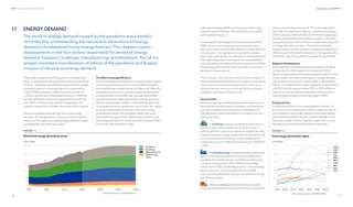 16
DNV Energy Transition Outlook 2022
17
Energy demand CHAPTER 1
1.1 ENERGY DEMAND
The shock to energy demand caused by the pandemic was a forceful
reminder that understanding the nature and dimensions of energy
demand is fundamental to any energy forecast. This chapters covers
developments in the four sectors responsible for almost all energy
demand: transport, buildings, manufacturing, and feedstock. Part of our
analysis involves a consideration of effects of the pandemic and Russia’s
invasion of Ukraine on energy demand.
Historically, energy demand has grown in lockstep with
GDP — population growth and improvements in standards
of living — moderated by efficiency improvements. Global
population growth is slowing down and is expected to
reach 9.4 billion people in 2050. Economic growth will
continue, and the size of the global economy in 2050 will
be USD 300 trillion, with an average growth rate of 2.5%
from 2019 to 2050. Further details on population and
economicgrowthareincludedintheannexofthisOutlook.
More and wealthier people imply ever-more energy
services — for transportation, housing, consumer goods
and so on. This leads to increased energy demand, unless
countered by strong efficiency gains.
The effect of energy efficiency
In the coming three decades this counterforce will, indeed,
be strong, and we forecast that massive efficiency gains,
particularly those enabled by electrification, will offset the
population and economic growth propelling demand for
energy services. Put another way, a burgeoning middle
class will drive ever-higher demand for energy services in
the form of a growing car fleet, more buildings with more
cooling requirements, appliances, and so forth. But, owing
to compounding efficiencies, the world will be using
progressively less primary energy to satisfy the rising
demand for energy services. We forecast, therefore, that
final energy demand will, in fact, level off just below 500EJ,
a level only 13% higher than today.
In the years between 2035 to mid-century, final energy
demand varies by less than1%,meaningitisvirtuallyflat,
asillustratedinFigure1.1.
It is not a given that energy demand will remain flat after
2050. Once most energy services are converted to
electricity, which automatically improves energy efficiency
in most sectors, energy demand may start to increase
again. This could well be countered by an eventual decline
in the global population and a world economy dramati-
cally hobbled by the effects of global warming. Post 2050,
rising energy demand will almost certainly not be accom-
panied by rising emissions.
‘Final’ energy in this Outlook and as shown in Figure 1.1,
means the energy delivered to end-use sectors, excluding
losses and excluding the energy sector’s own use of
energy in power stations, oil and gas fields, refineries,
pipelines, and similar infrastructure.
Sectoral shifts
Global energy use is relatively equally distributed across
the three sectors of transport, buildings, and manufactur-
ing, with a modest growth expected in buildings and
manufacturing, and a small decline in transport over the
coming decades.
In buildings, energy use will grow particularly in
space cooling, and in appliances, whereas in space
heating, efficiency gains and new technologies like heat
pumps will reduce energy needs. Most of the growth will
occur in commercial buildings. In total, buildings will
collectively consume 23% more final energy in 2050 than
in 2021.
In manufacturing, substantial energy-efficiency
gains, including increased recycling, will balance the
growth in demand for goods, such that manufacturing
energy use will grow by 14% to 2035 and thereafter
remain flat to 2050. The feedstock sector will see energy
demand grow by 17% and peak in the mid-2030s,
reducing slowly thereafter owing to increased recycling
and efficiency gains.
Although transport services will grow signifi-
cantly, overall energy demand in the transport sector will
reduce over the forecast period. This is strongly associ-
ated with the switch from internal combustion to battery
electric engines, with half of the world’s fleet of passenger
vehicles electrified by 2043. Efficiency gains in the road-
transport subsector will more than counterbalance growth
in energy demand in aviation. This trend will also be
helped by the maritime subsector undergoing significant
efficiency gains that lead to a peak in its energy use in the
mid-2030s, despite growth in the size of the world fleet.
Regional developments
Although global final energy demand will level off, this is
not the case for all the regions. In Europe and OECD
Pacific, energy demand has already peaked, while in many
of the middle- and low-income regions, energy demand
will continue to increase through to 2050, as illustrated in
Figure 1.2. Greater China's share of global energy demand
is at 25%, but will reduce to about 20% in 2050, while the
Indian Subcontinent will overtake North America as the
second largest energy consuming region in 2040.
Energy carriers
Energy demand by carrier is summarized in Section 1.6.
It is in carrier form that the story of the energy transition is
most apparent. Historically, energy carriers have shifted
gradually from solids to liquids; in recent decades, there
has been a partly shift from liquids to gases. The coming
decades are characterized by a shift to electricity.
 