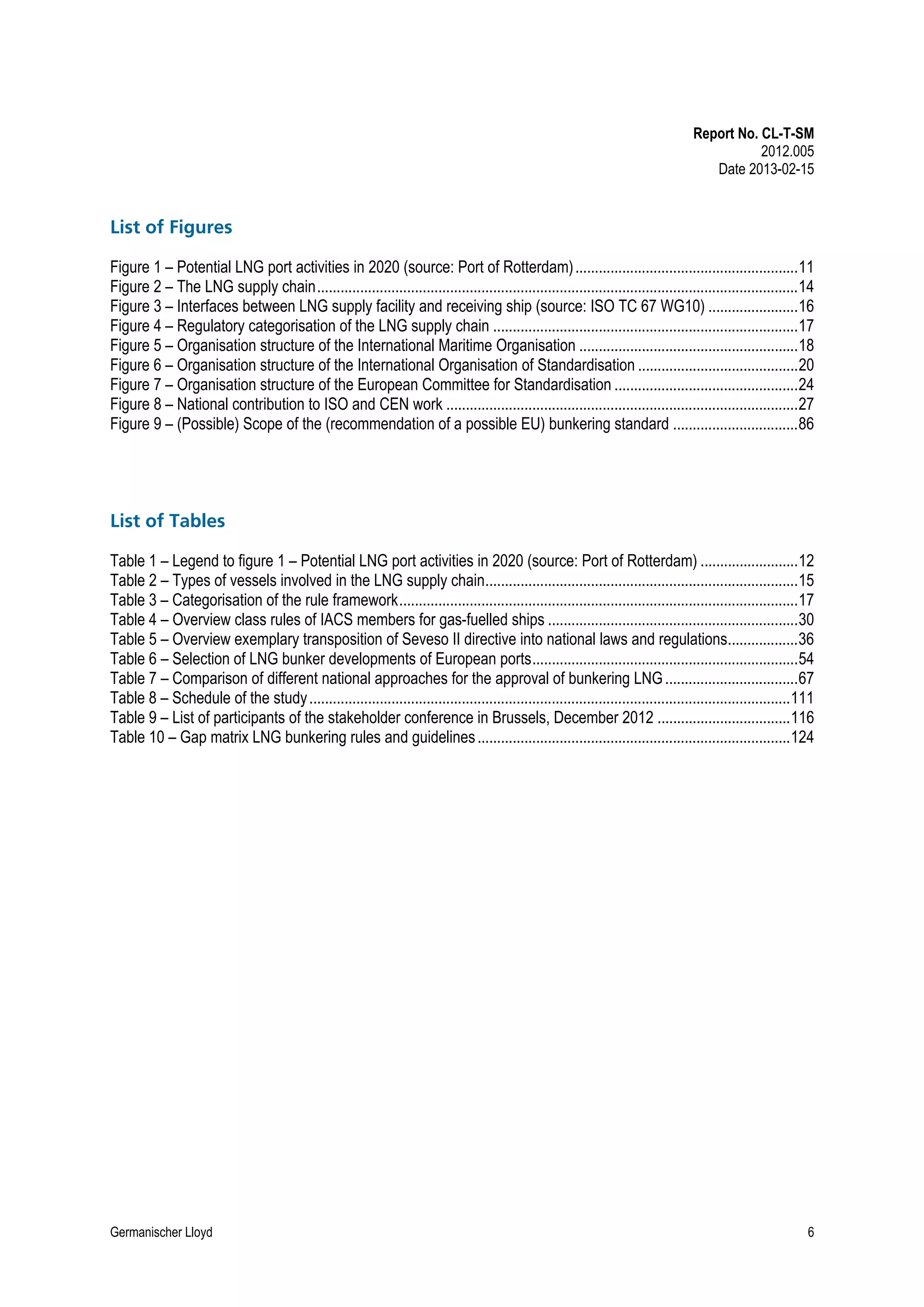 Report No. CL-T-SM
2012.005
Date 2013-02-15

List of Figures
Figure 1 – Potential LNG port activities in 2020 (source: Port of Rotterdam) .........................................................11
Figure 2 – The LNG supply chain...........................................................................................................................14
Figure 3 – Interfaces between LNG supply facility and receiving ship (source: ISO TC 67 WG10) .......................16
Figure 4 – Regulatory categorisation of the LNG supply chain ..............................................................................17
Figure 5 – Organisation structure of the International Maritime Organisation ........................................................18
Figure 6 – Organisation structure of the International Organisation of Standardisation .........................................20
Figure 7 – Organisation structure of the European Committee for Standardisation ...............................................24
Figure 8 – National contribution to ISO and CEN work ..........................................................................................27
Figure 9 – (Possible) Scope of the (recommendation of a possible EU) bunkering standard ................................86

List of Tables
Table 1 – Legend to figure 1 – Potential LNG port activities in 2020 (source: Port of Rotterdam) .........................12
Table 2 – Types of vessels involved in the LNG supply chain................................................................................15
Table 3 – Categorisation of the rule framework......................................................................................................17
Table 4 – Overview class rules of IACS members for gas-fuelled ships ................................................................30
Table 5 – Overview exemplary transposition of Seveso II directive into national laws and regulations..................36
Table 6 – Selection of LNG bunker developments of European ports....................................................................54
Table 7 – Comparison of different national approaches for the approval of bunkering LNG ..................................67
Table 8 – Schedule of the study ...........................................................................................................................111
Table 9 – List of participants of the stakeholder conference in Brussels, December 2012 ..................................116
Table 10 – Gap matrix LNG bunkering rules and guidelines ................................................................................124

Germanischer Lloyd

6

 
