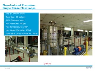 DNV GL ©
DRAFT
Flow-Induced Corrosion:
Single Phase Flow Loops
 Two 1” ID flow loops
 Tank Size: 30 gallons
 316L Stainless steel
 Max Pressure: 300psi
 Max Temperature: 300F
 Max Liquid Viscosity: 100cP
 Flow Rate: 10 -120 GPM at 150psi
8
 